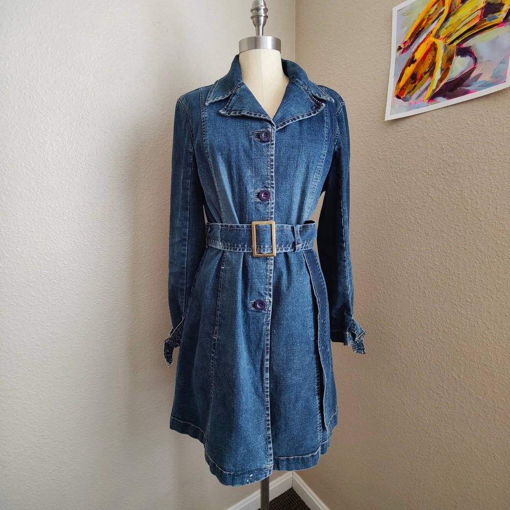 Vintage‎ Y2K Denim Trench Coat Belted Jacket Brass Western Utility Cowgirl Sz MP